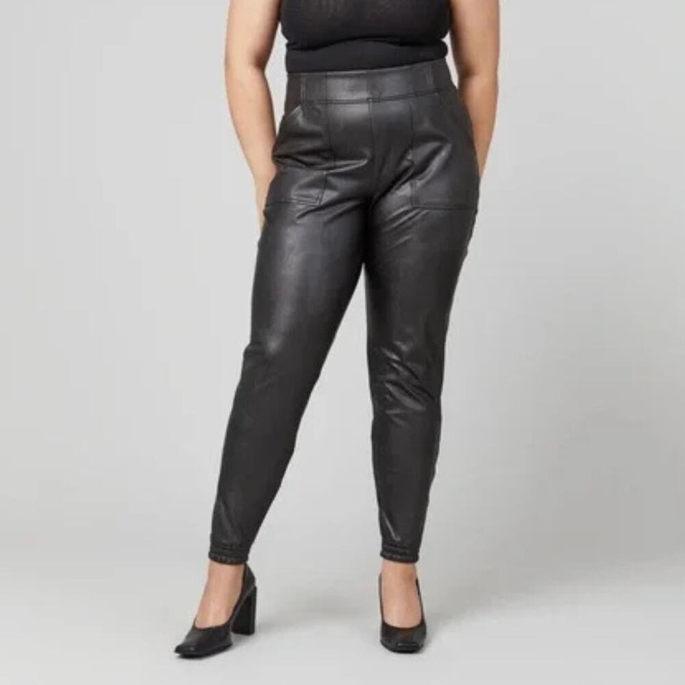 Spanx NWT 20283 Regular Plus Leather Like Black Vegan Pull On Jogger Pants